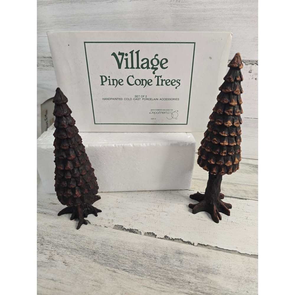 Vintage 90s Dept 56 Village Pinecone Trees Set of 2 Hand painted Porcelain Brown